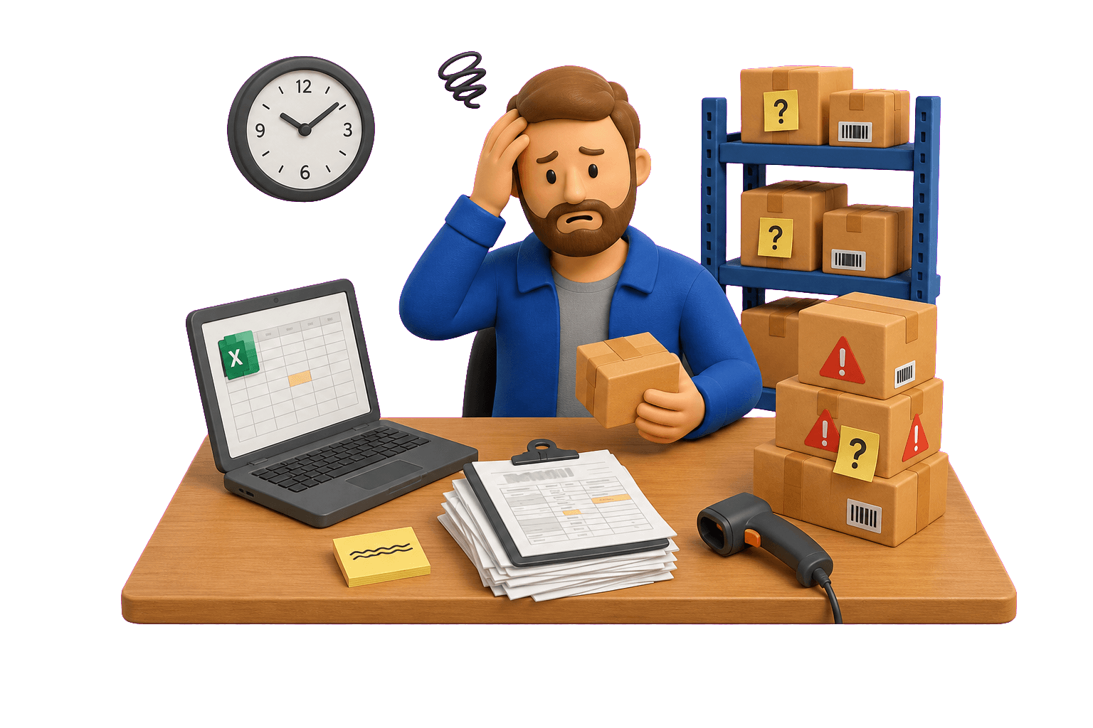Operador estresado gestionando paquetes manualmente